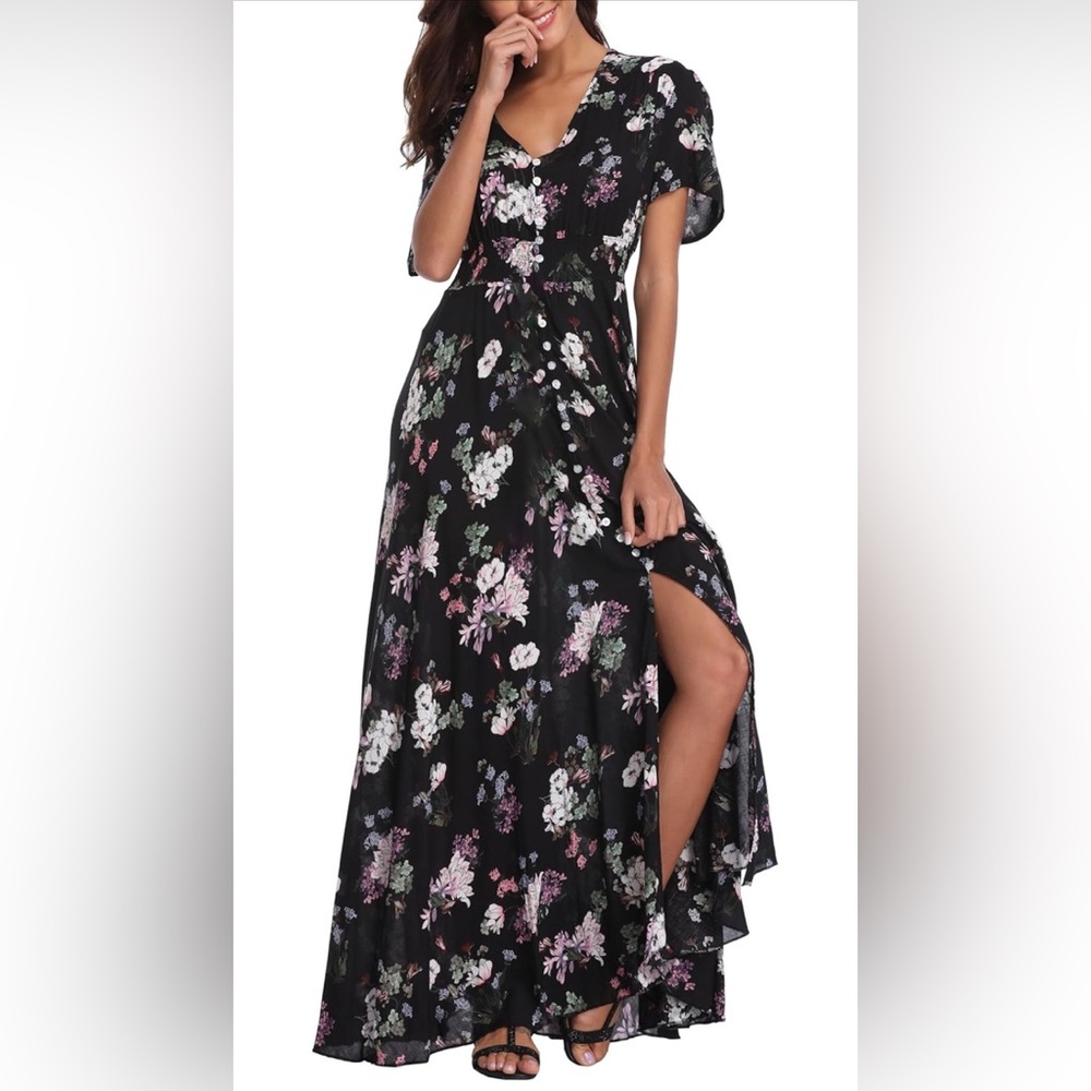 Vintage Clothing Boho Maxi Dress – Black Floral – Size M